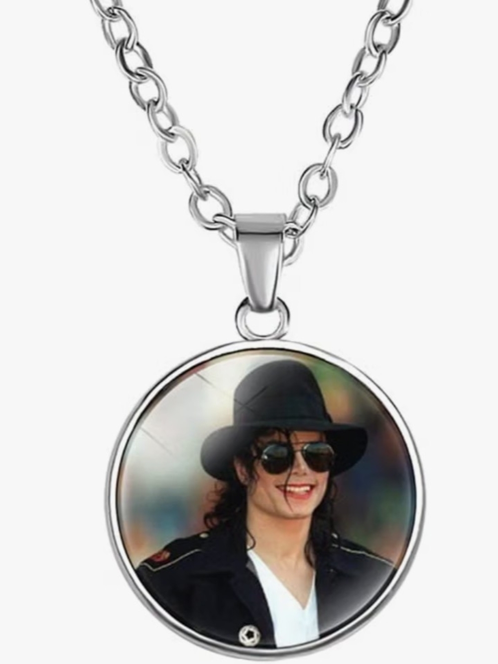 Michael Jackson Silver-tone Round Photo Pendant Necklace